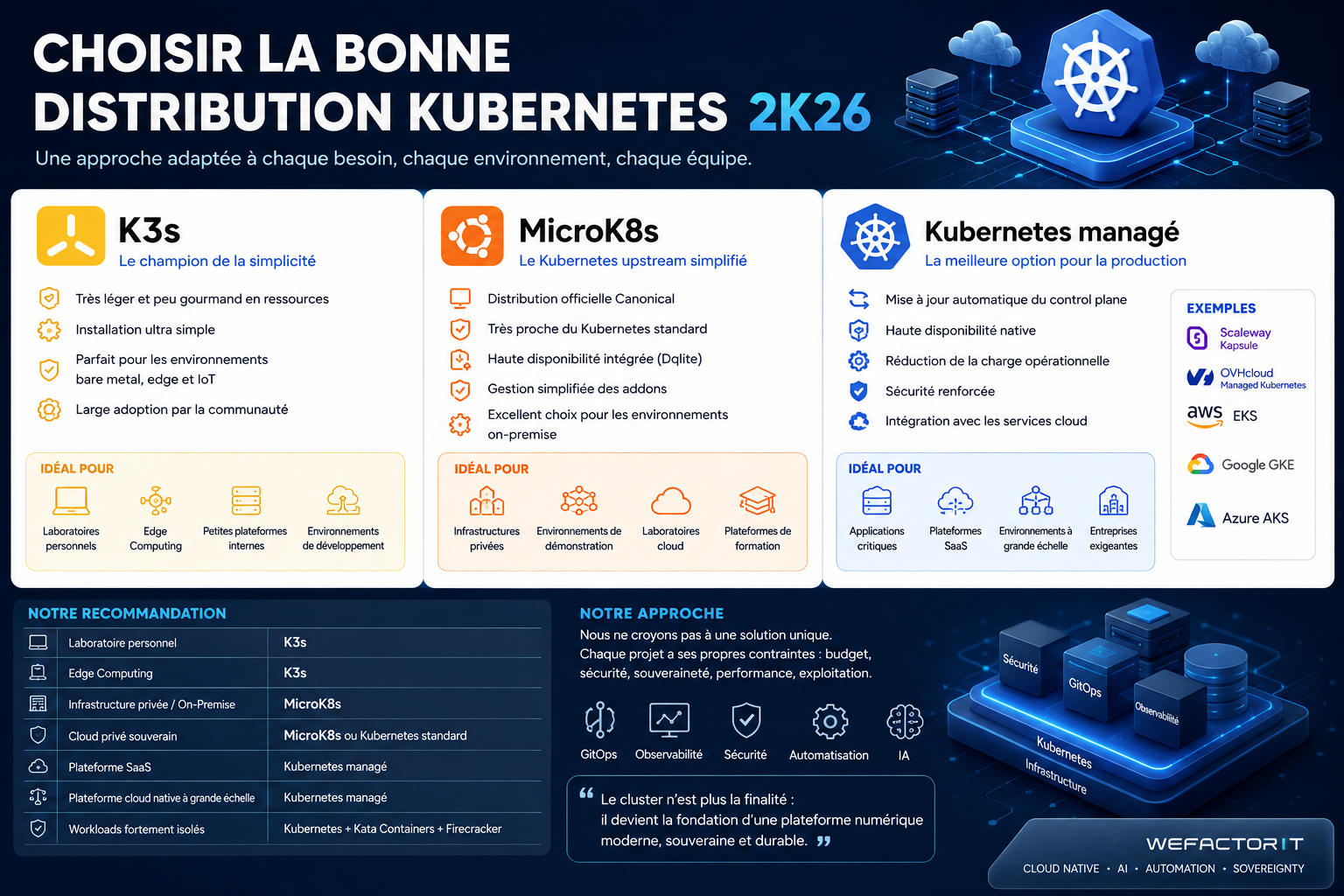 Comparatif des distributions Kubernetes : K3s, MicroK8s, kubeadm et managé