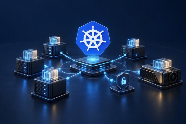 Illustration de Kubernetes reliant des serveurs, un accélérateur GPU et un bouclier de sécurité.