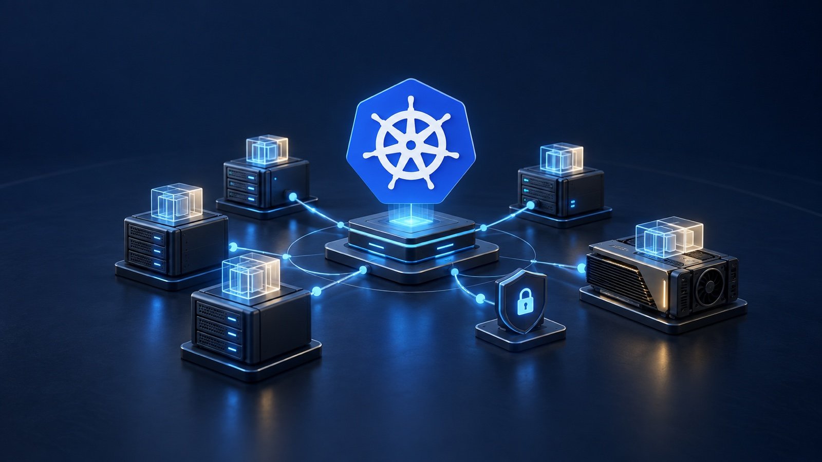 Illustration de Kubernetes reliant des serveurs, un accélérateur GPU et un bouclier de sécurité.